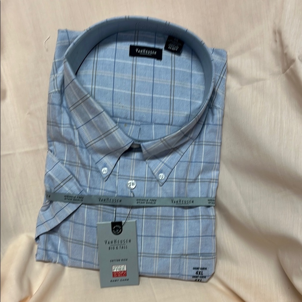 NWT Van Heusen Blue Short Sleeve Dress Shirt with Windowpane Pattern Size 4XL